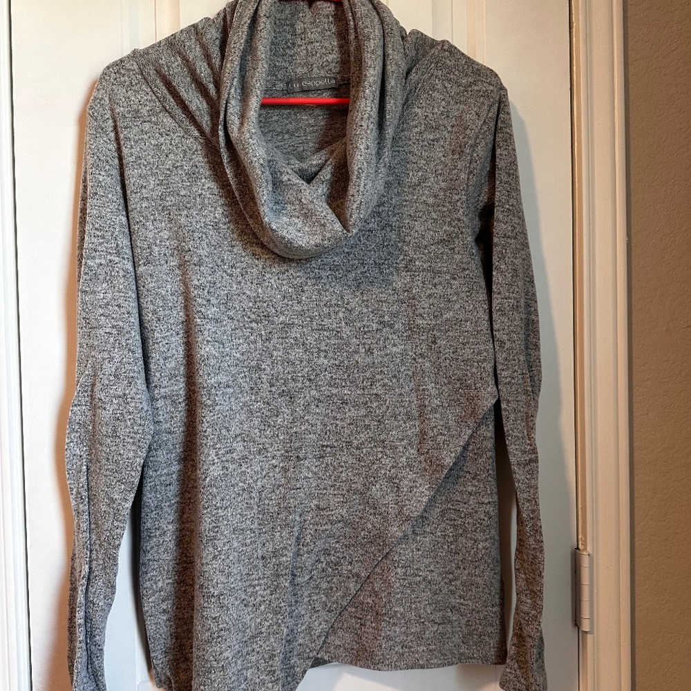 Loveappella Heather Grey cowl neck, asymmetrical sweater in large